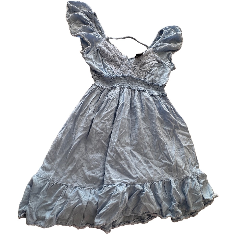 Y2K Angie Mini Dress Womens M Blue Swiss Dot Smocked Waist Lace Trim Boho Whimsy